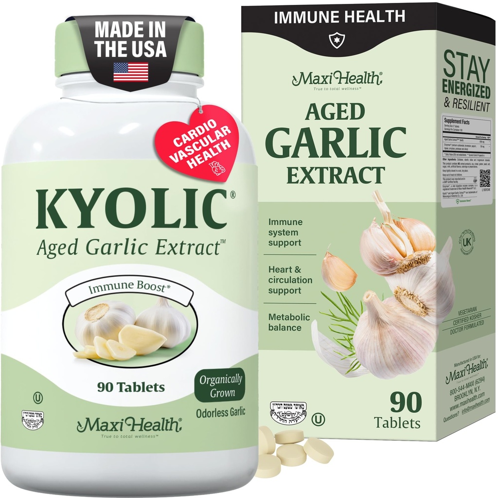 Maxi Health Kyolic Suplemento de ajo orgánico - Kosher tablas de ajo con extracto de ajo envejecido Kyolic para soporte inmunitario - píldoras de ajo vegetariano (90 cuenta)