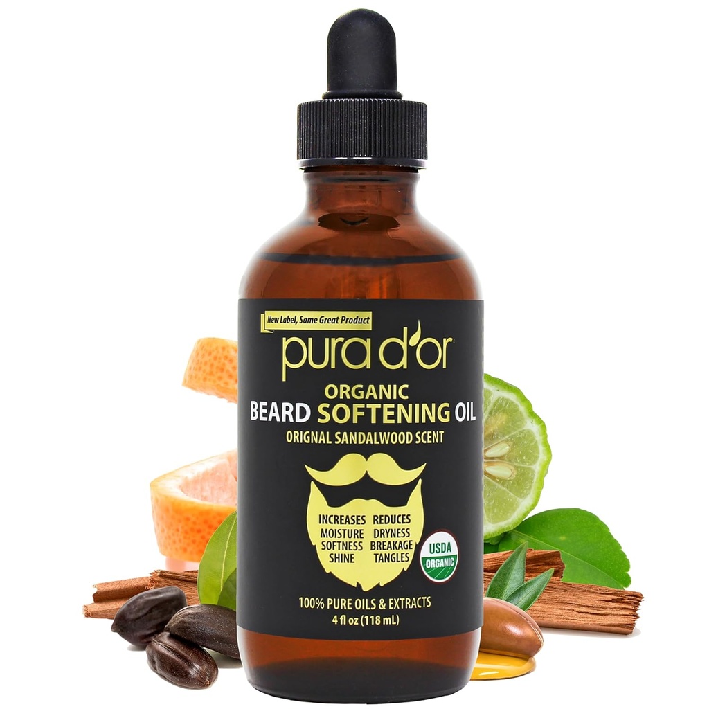 PURA D'OR 4 Oz ORGANIC Beard Softening Oil - Original Sandalwood Scent - Leave-In Conditioner, Argan & Jojoba Oil - Cuidado de bigotes &amp; Mantenimiento, Aumentar suavidad &amp; fuerza - Pelo de barba, piel y cara
