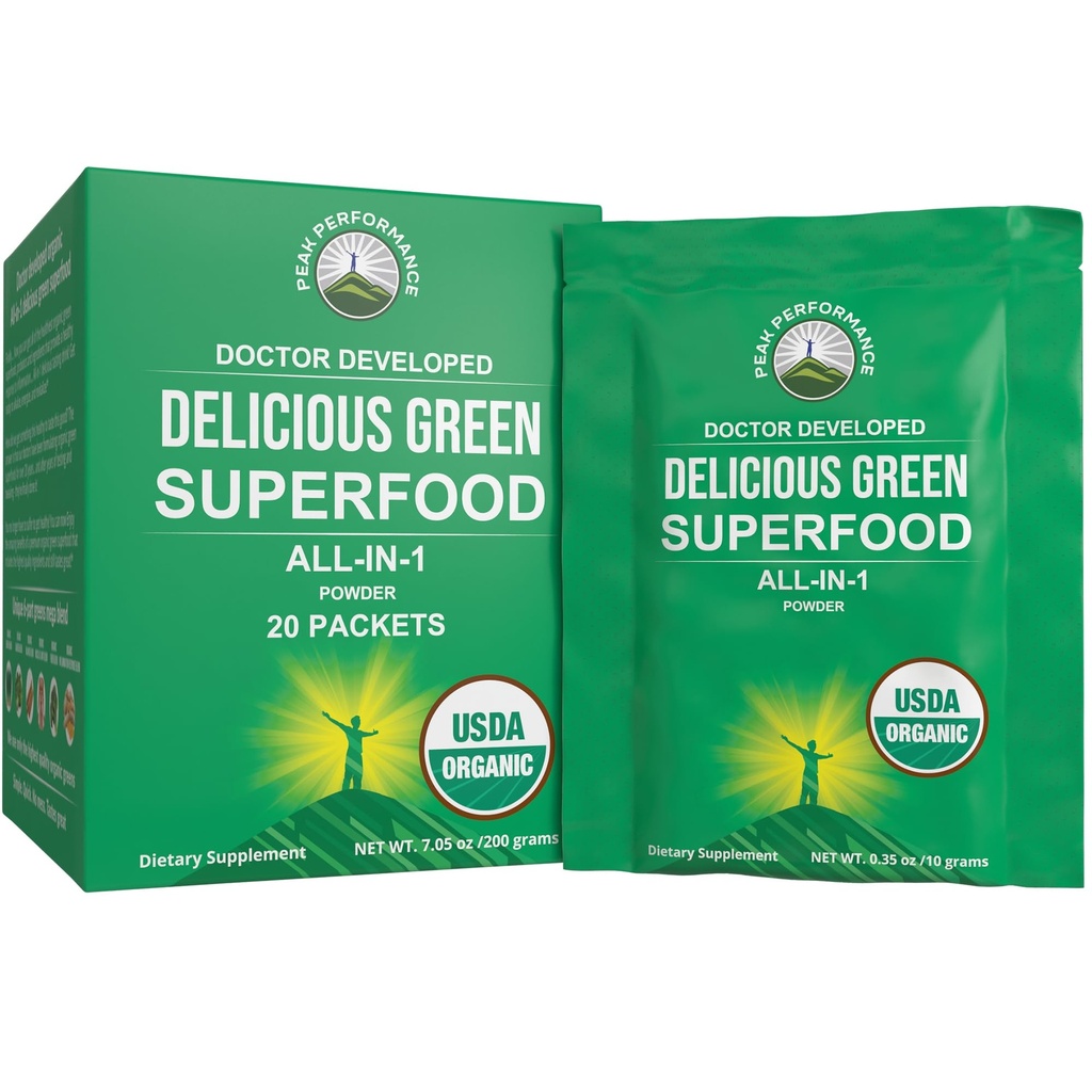 Rendimiento de pico Ecológico Verdes Superfood Powder Solo Servir Packets de viaje. Mejor Tasting Organic Green Juice Super Food con 25+ Todos los ingredientes naturales para Max Energy. (20 Pack)