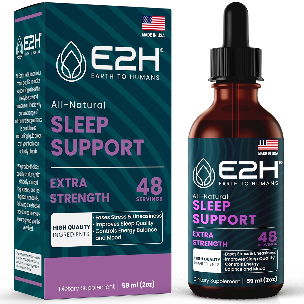 E2H Natural Sleep Support - Liquid Melatonin with Chamomile, Theanine - Sleep Better, Deeper, Longer - Vegan, GMO-Free - Proporciona Stress Relief - 2 Fl Oz