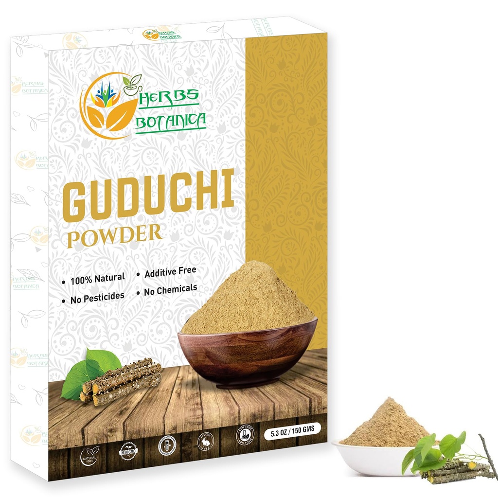 Herbs Botanica Guduchi Powder USDA Organic Neem Giloy Powder  Tinospora cordifolia ← Herbsl Supplement for Immune Support, Digestion 5.3 Oz / 150 GMS