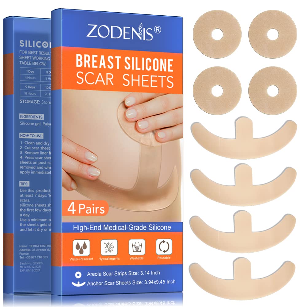 Hojas de cicatrices de silicona para el pecho - 8 Pack, incluyendo 4 tiras suaves de Areola &amp; 4 hojas de ancla