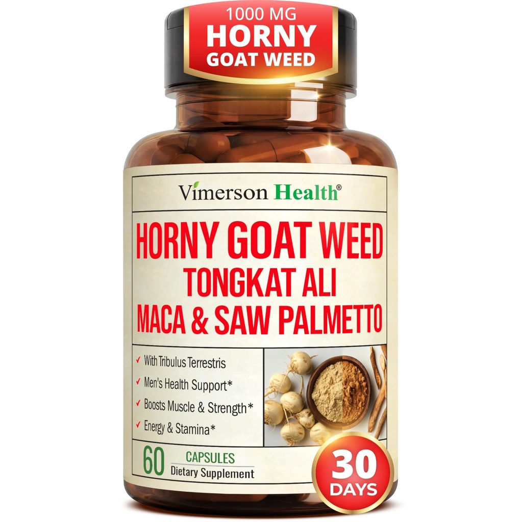 HornyGoatWeed for Men (1000mg per Serving) – Male Enhancing Supplement w/ Maca Root, Tongkat Ali, Saw Palmetto, Panax Ginseng, Tribulus Terrestris " L-Arginine for Energy, Drive " Strength