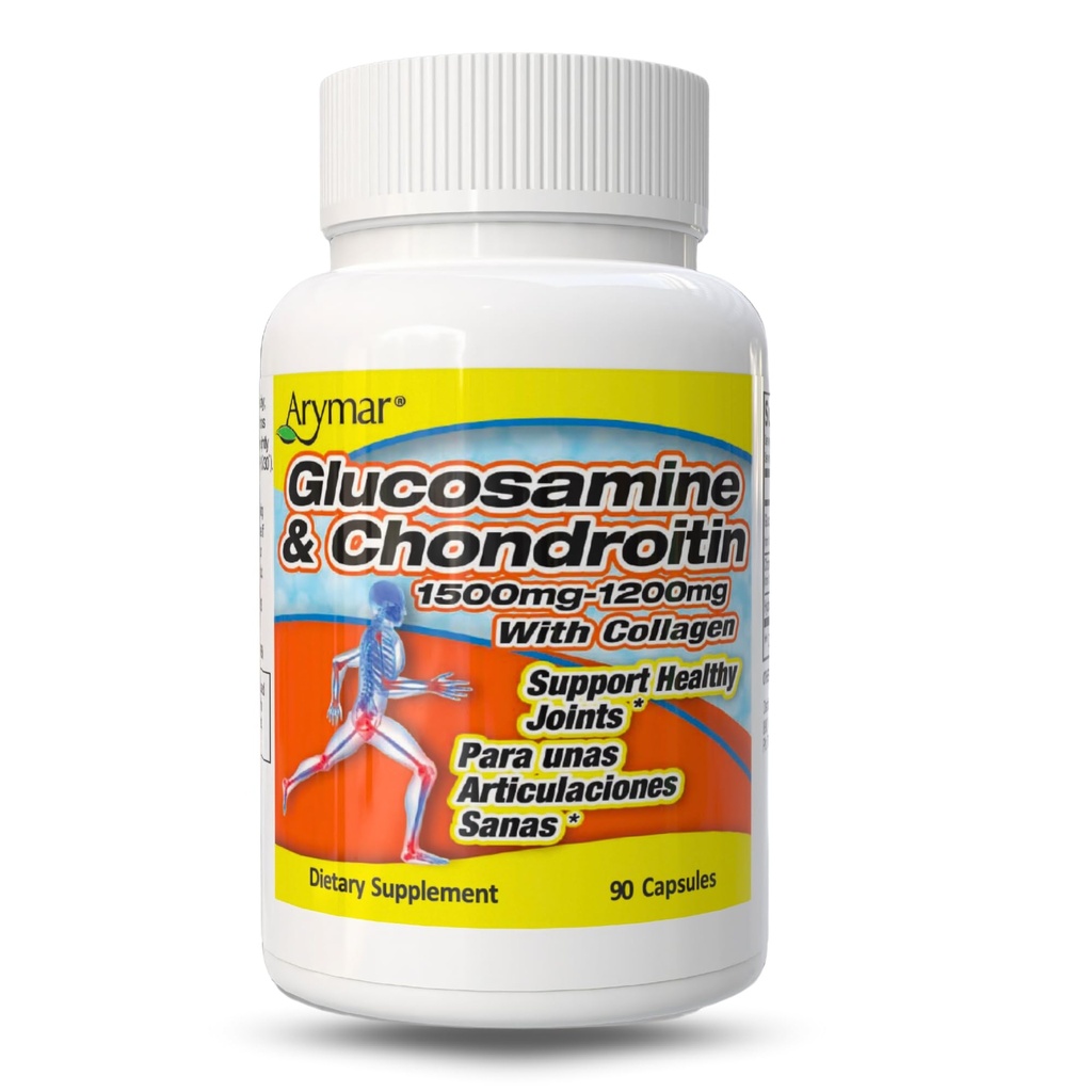 Glucosamina ARYMAR 1500 mg y condroitina 1200 mg con colágeno – Suplemento Conjunto de Salud – 90 cápsulas