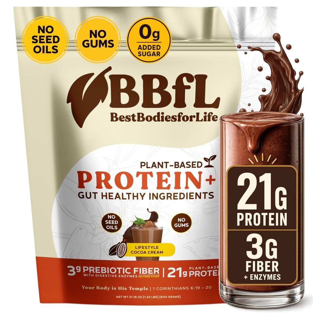 BBfL Plant-Based Protein Shake – 21g Vegan Protein, Cocoa + Apple Sider Vinegar, Prebiotics, Digestive Enzymes, Supports Gut Health – All-in-One Shake for Women &amp; Men (15 Servings, Cocoa Cream)