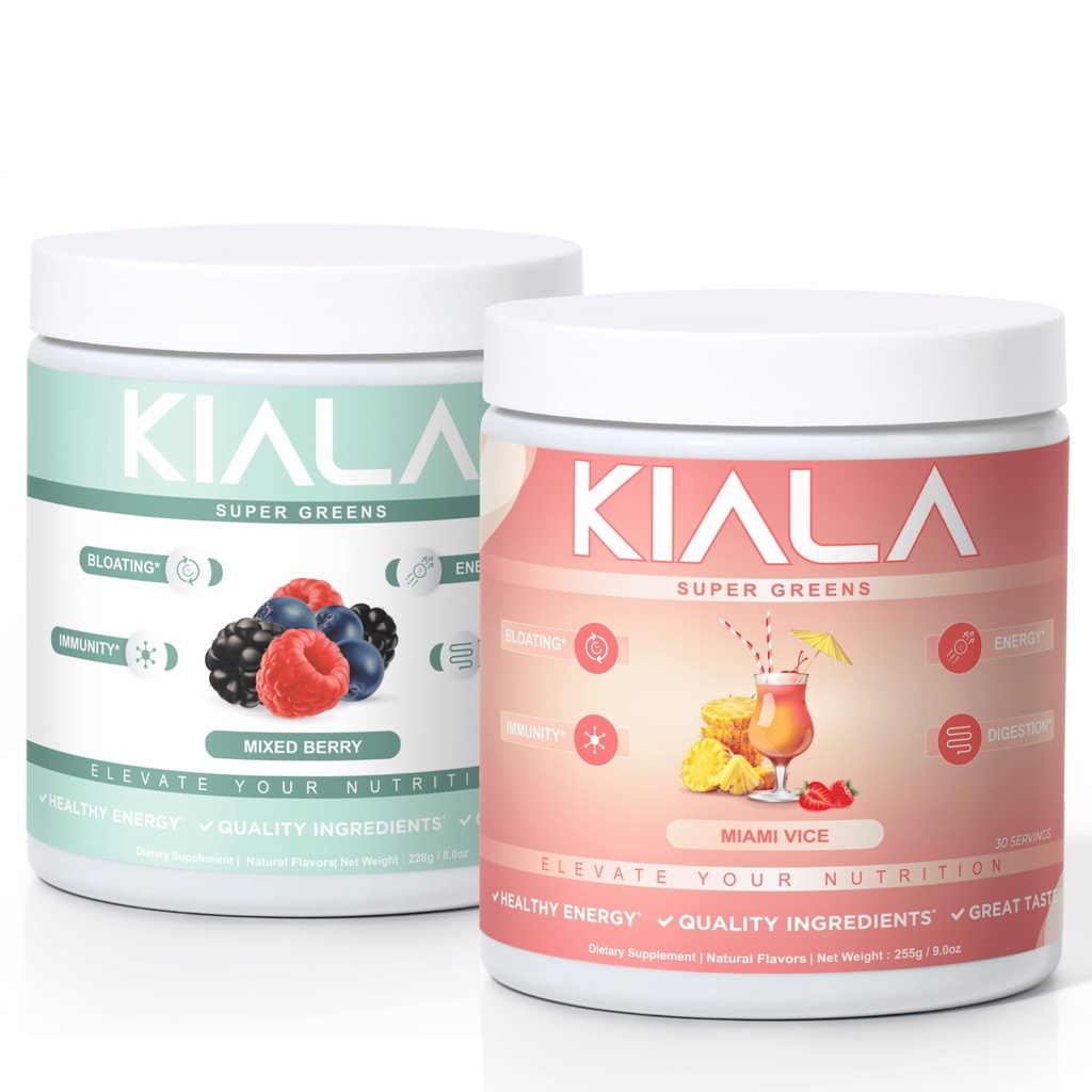 Kiala Nutrition Super Greens, Orgánica Greens Powder, Spirulina & Chlorella Superfood Powder, Sugar &amp; Gluten Free Vegan, Spectra Blend, Mixed Berry &amp; Miami Vice, 2 Pack