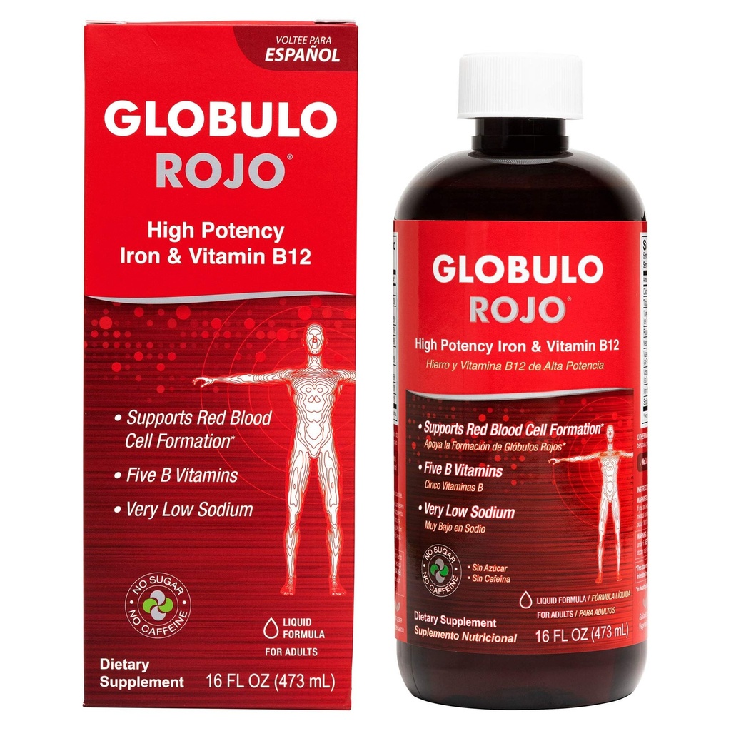 Globulo Rojo Suplemento de hierro - Suplemento dietético líquido con vitaminas de hierro de alta potencia (Vegan) (16 Fl Oz (Pack de 1))