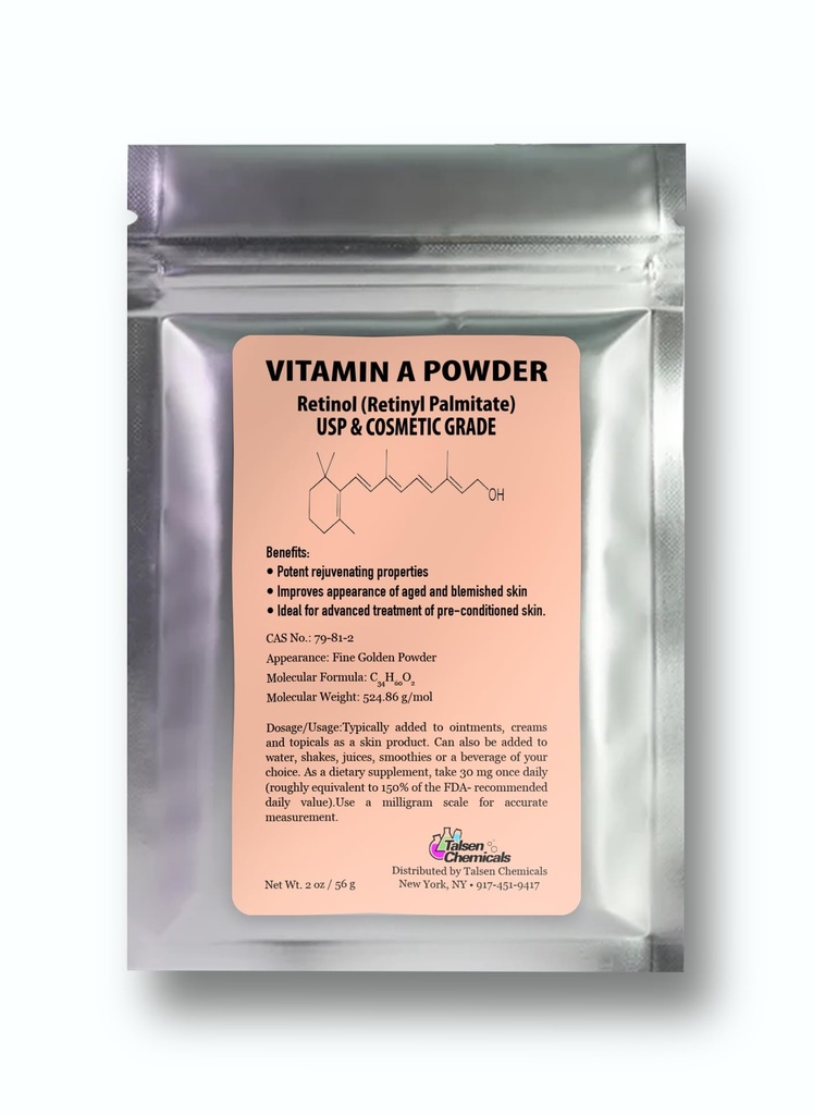 Vitamina A Powder Retinyl Palmitate, Puro Retinol Powdered Vitamina Agua Soluble Vitamina A USP " Grado cosmético (2 oz. / 56 gramos)