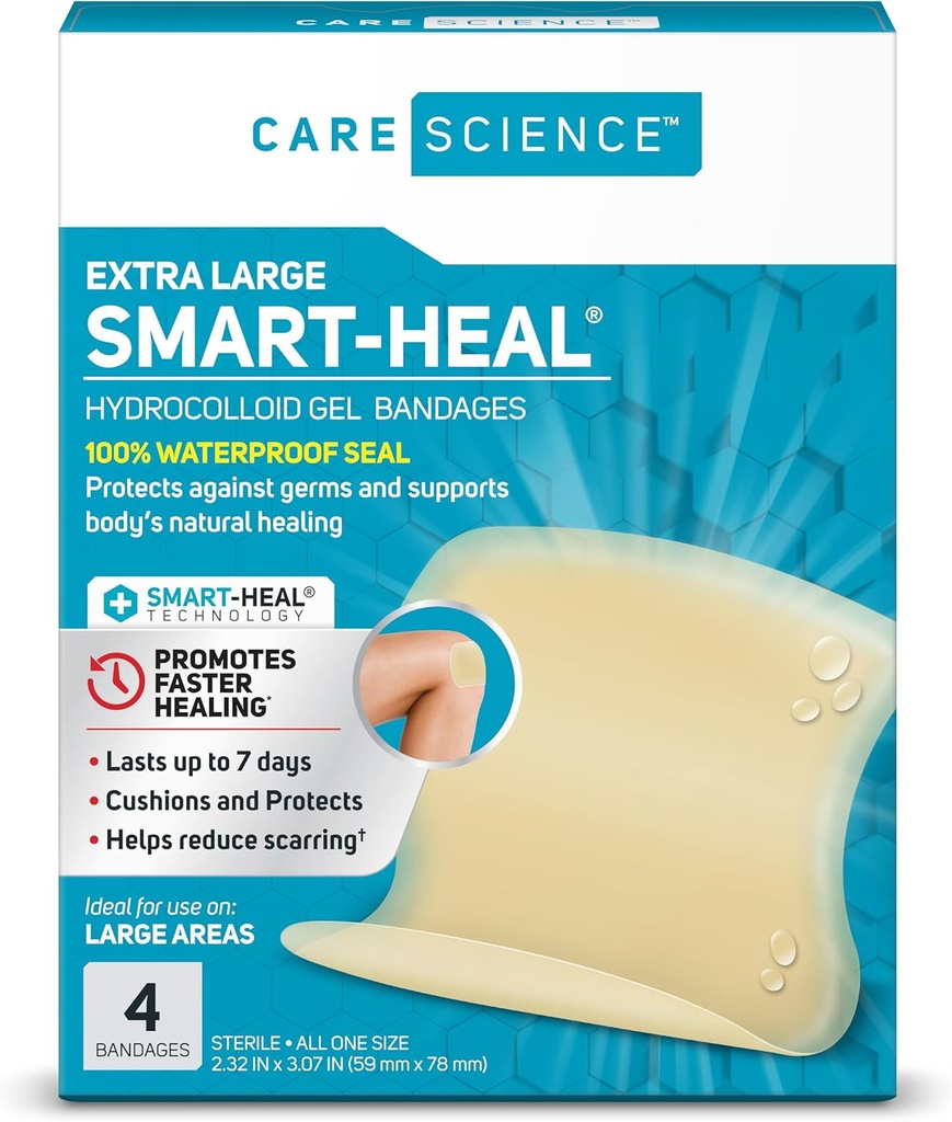 Care Science Smart Heal Hydrocolloid, Large, 2.3 in x 3 in, 4CT  durable 100% Waterproof Seal Promotes Healing, Reduce Scarring