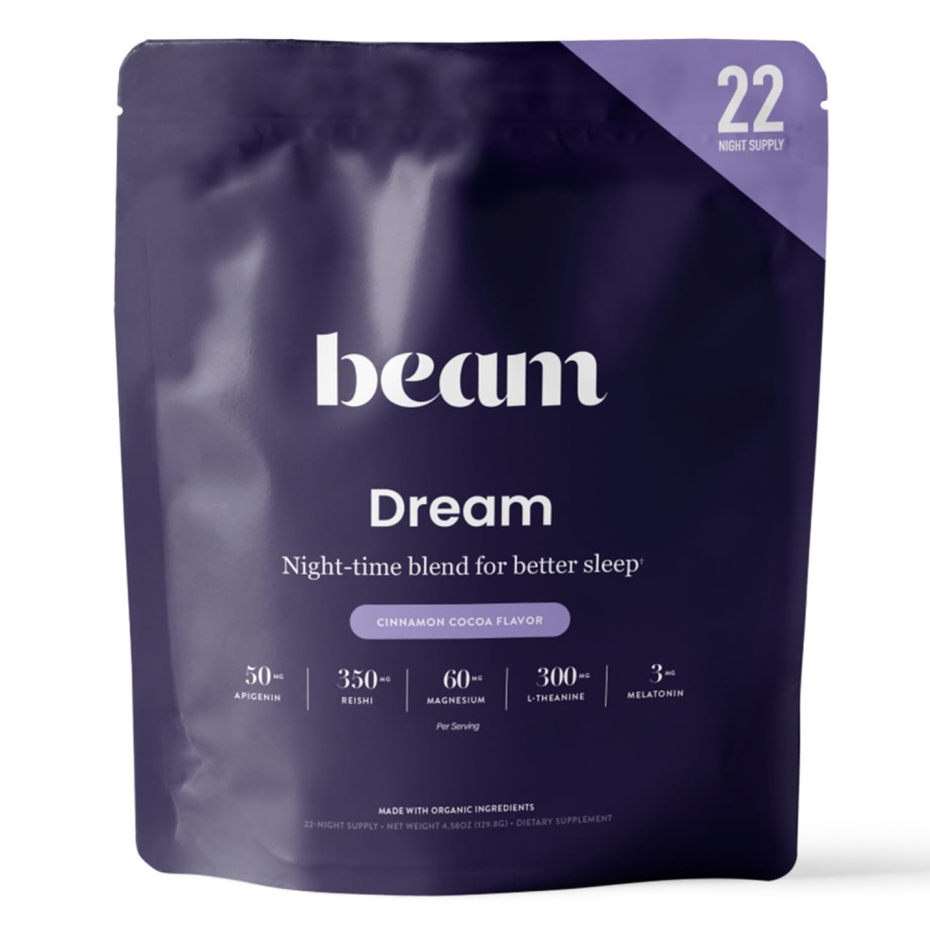 Beam Dream Sleep Powder, L-Theanine, Apigenin, Reishi y Magnesium, Third Party Tested Natural Sleep Aid &amp; Sleep Supplement for Deep Sleep, Relaxation and Recovery, Natural Sleep Support, 22 Servings