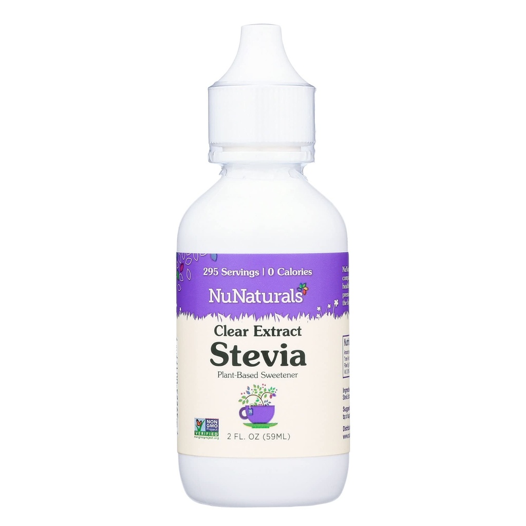 NuNaturals Clear Extract Stevia, Sweetener de base vegetal, botella de plástico, 2 oz