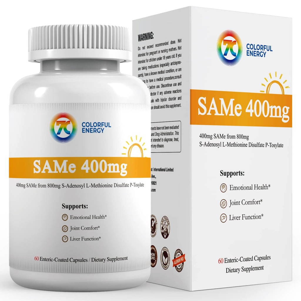 7c Sam e 400mg Suplemento (S-Adenosylmethionine), Vitamina B6, B12 Añadido a Enhance Sam-e Effectiveness, Mood and Joint Comfort, Vegan, Non-GMO, Gluten-Free, 60 cápsulas de cobre Enteric
