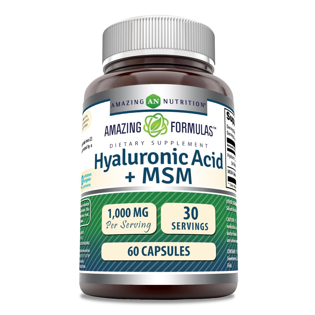 Amazing Formulas Hyaluronic Acid &amp; MSM Supplement TEN 1000 Mg Por Serving TENS TENS ANTE NO GMO ANTE Gluten Free TEN Made in USA (1 Pack, 60 Cuenta)