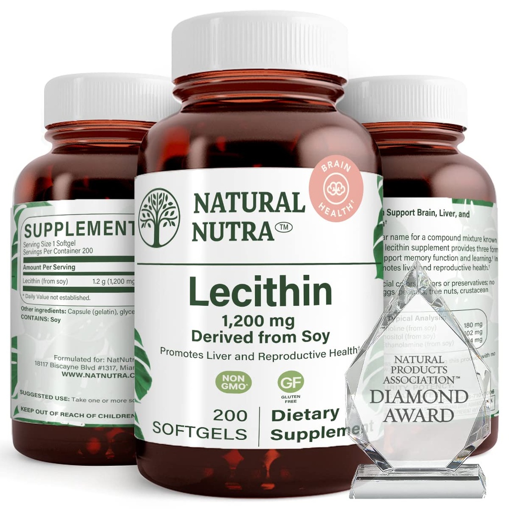Natural Nutra Soy Lecithin 1200 mg Suplemento dietético - Función cerebral, Salud del hígado, Mejorar la salud procreante, Suplemento de botín - Sin gluten, libre de BPA, 200 Softgels en botellas de vidrio reciclable