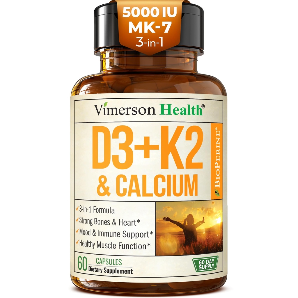Suplemento de Vitamina D3 K2 – Soporte todo en-1 para Immune, Bone & Heart Health con Vitamina D + Vitamina K (como MK7) – K2 D3 (5000 UI) Suplemento de Vitamina con Pepper Negro para Max Absorption, 60 cápsulas