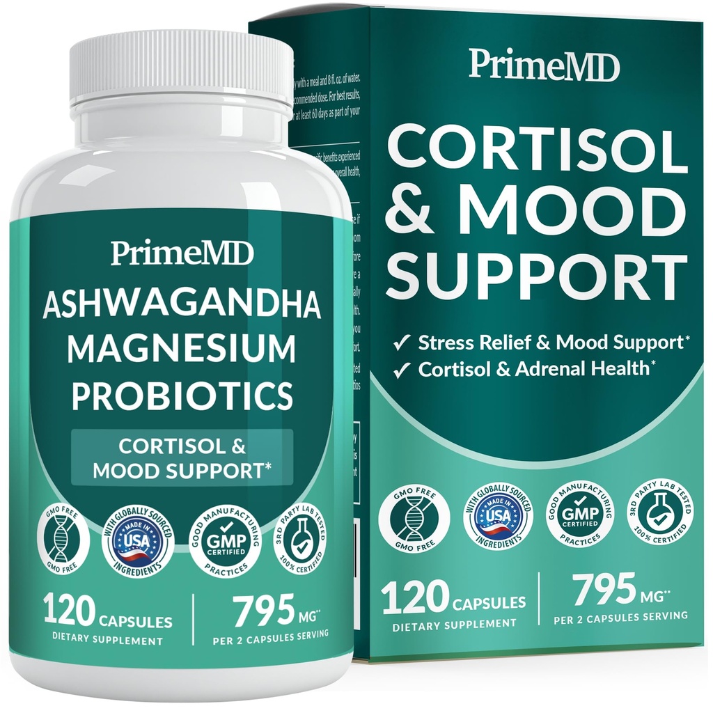 5-in-1 Cortisol Supplement for Women and Men with Ashwagandha for Calmness, Focus, and Adrenal Support Supplements with Shilajit Extract, Magnesium Glycinate, Probiotics (120 ct) (Pack of 1)