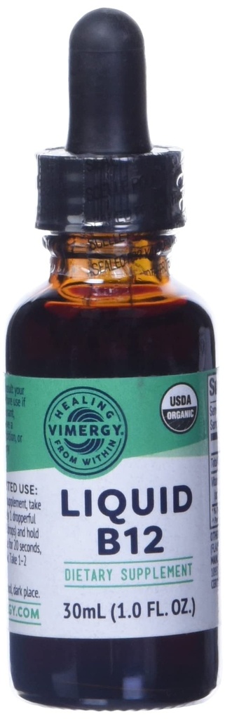 Vimergy Organic Liquid Vitamin B12 Suplemento 2500 mcg, Methylcobalamin & Adenosylcobalamin Fast-Absorbing Energy Support USDA Organic, Vegan, Non-GMO B12 Vitaminas para Hombres 30 Servición (30 mL)