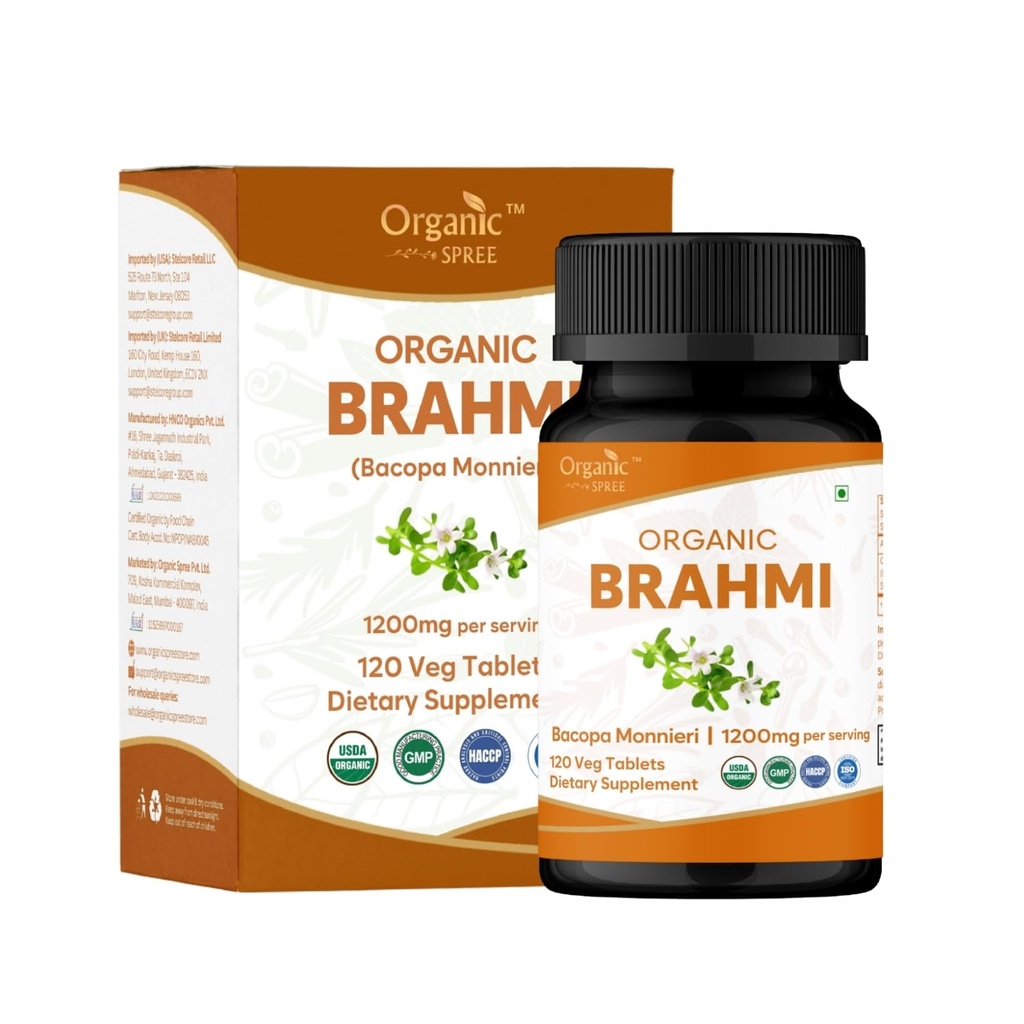 Brahmi 120 Tablets – USDA Organic Bacopa Monnieri Supplement – Supports Focus, Calm &amp; Memory – Herbal Nootropic*
