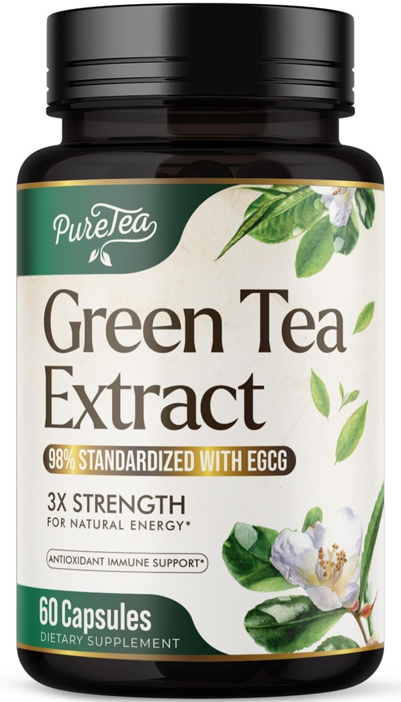 Extracto de té verde cápsulas 1000mg con 45% EGCG & 98% Polyphenols for Heart Support with Antioxidants - 3X Absorption Green Tea Pills Supplement for Natural Energy, Gentle Caffeine - 60 cápsulas