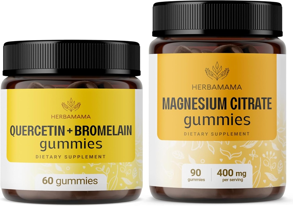 HerBAMAMA Quercetina y Magnesium Gummies Kit - Agrupo de 800 mg Quercetina con Bromelaina y 400 mg Magnesium Citrate Gummies - Vegan, No GMO, Gelatin-Free - 2 Pack