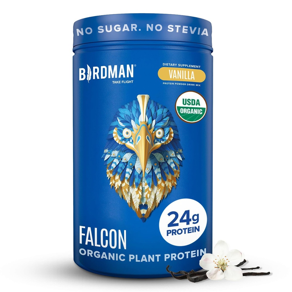 BIRDMAN Falcon Organic Vegan Protein Powder Vanilla, 24g Protein, Sugar Free, Probiotics, Low Carb, Keto Friendly, Dairy Free, Lactose Free, Non Whey, Plant Based Pea Protein Powder - 18 Servings
