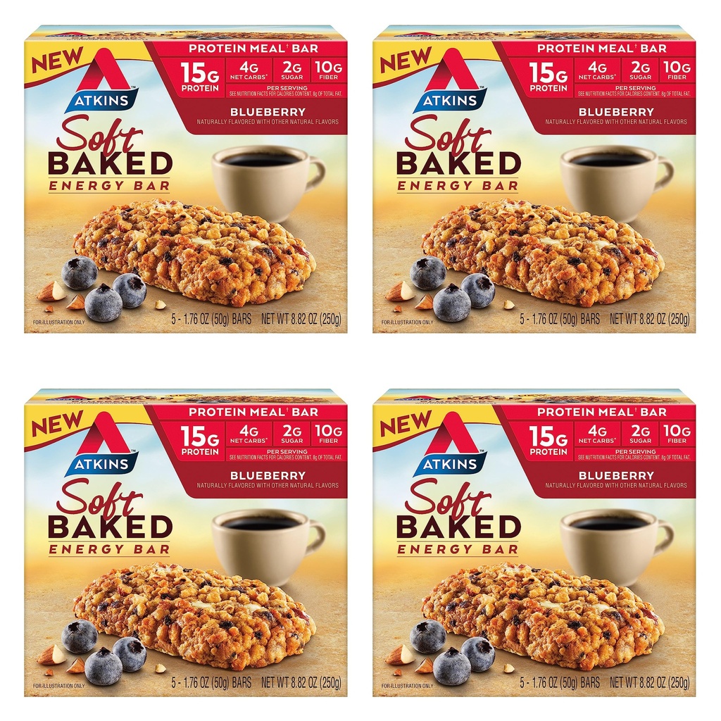 Atkins Blueberry Flavored Soft Baked Energy Bar, High in Protein Snack Bar, Low Sugar, High Fiber Snack, Protein Snack, 4 Packs (4 Bares Cada)