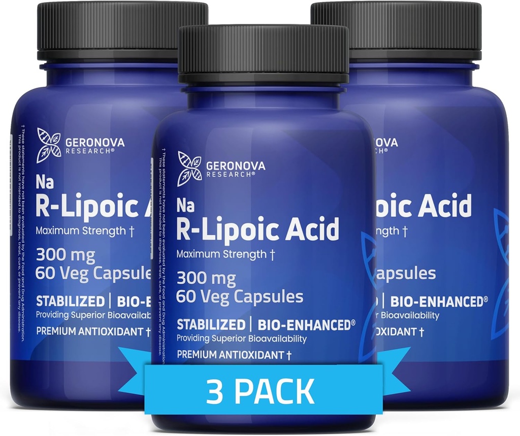 Geronova Research Bio-Enhanced R-Lipoic Acid, 300 mg Capsules - 6 meses de suministro - Acid lipoico estabilizado R alfa con absorción mejorada - R Lipoic Acid Suplemento - 180 Conde