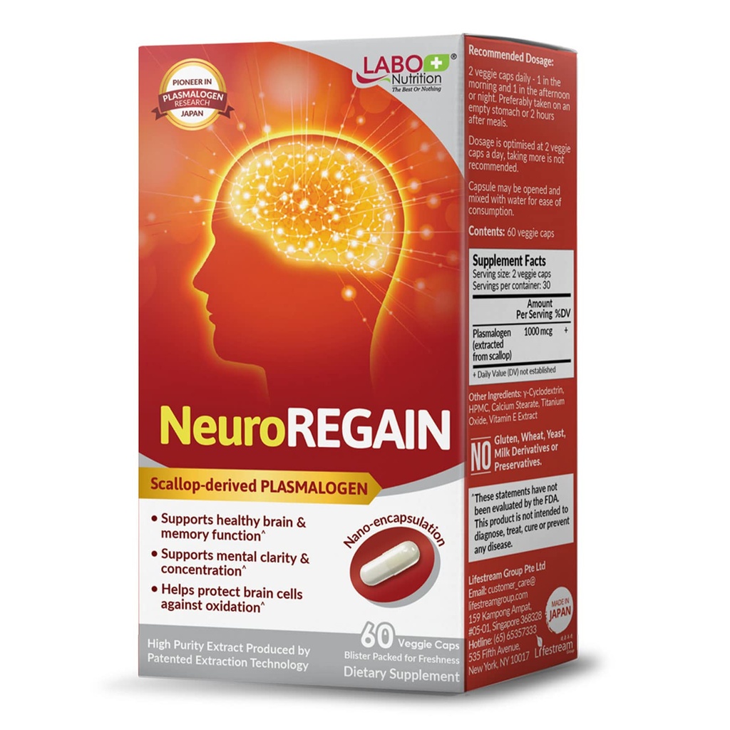LABO Nutrición NeuroREGAIN - PLASMALOGEN Scallop-derived para el deterioro cerebral, memoria, alerta, aprendizaje, concentración y otras funciones cognitivas – Adecuado para adultos mayores