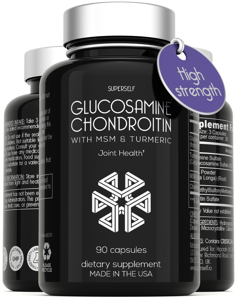 Glucosamine Chondroitin MSM with Turmeric - High Strength Joint Support Supplement for Adults Men ' Women - 90 Capsules - 1500mg Glucosamine Sulfate per Serving