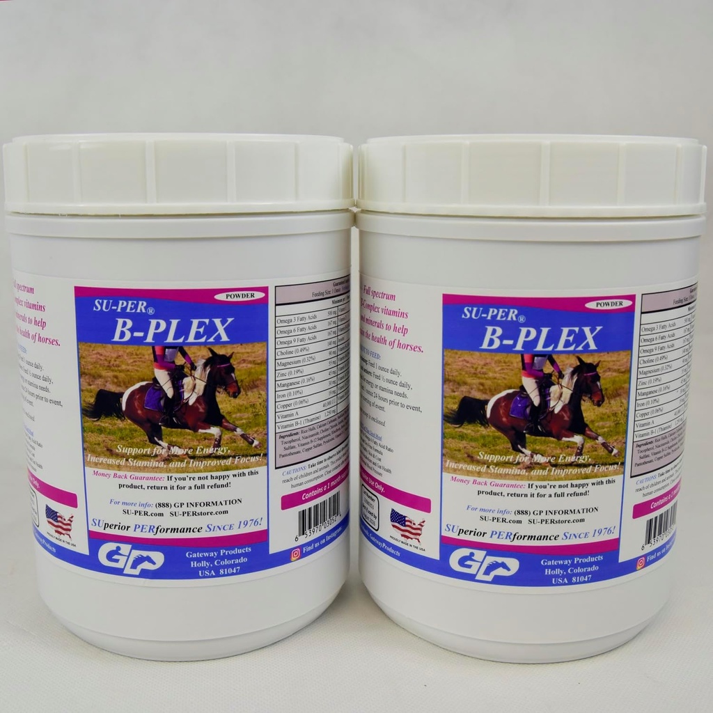 SU-PER B-Plex Powder Equine Vitaminas - Completo B-Complex Horse Vitamins and Minerals Suplemento - Hooves saludables, Células rojas de sangre, Polvo de calma de caballo - 2,5 libras, (2 Pack)