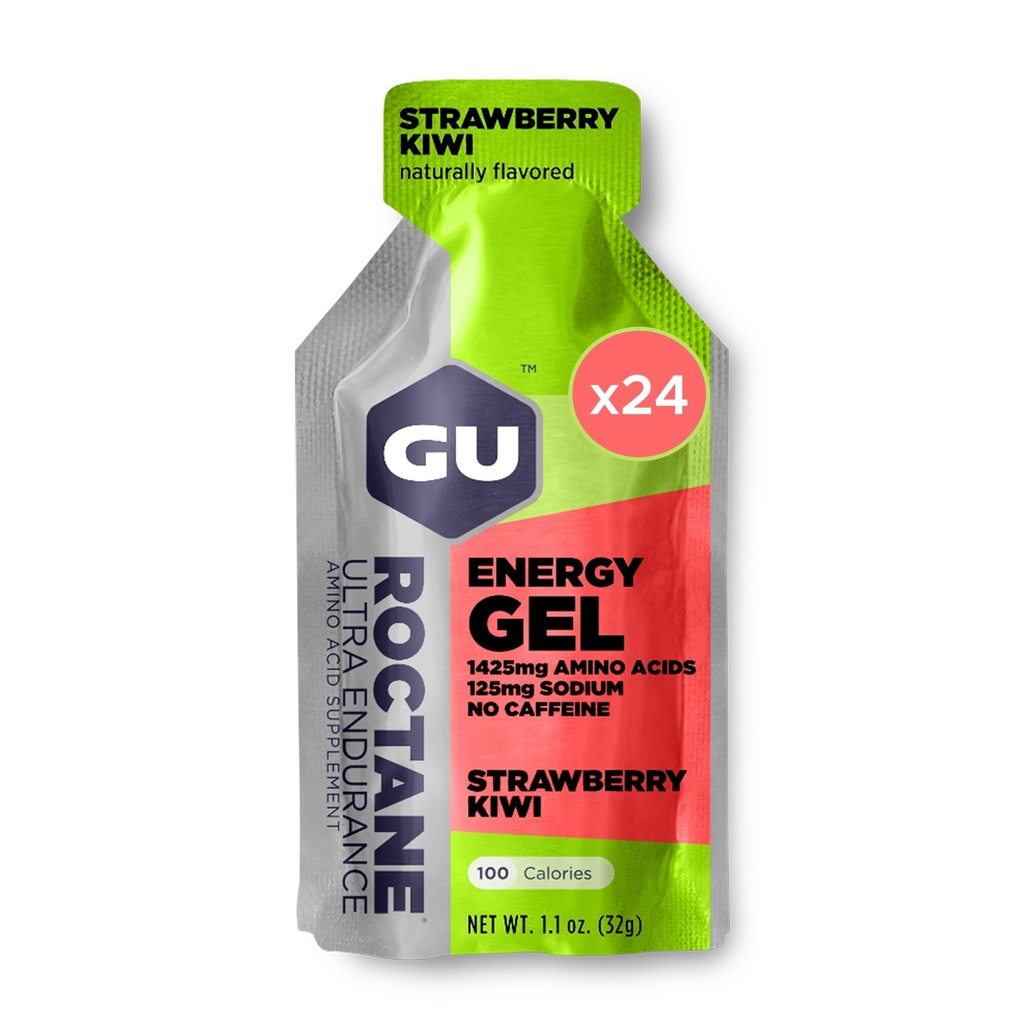 GU Energy Roctane Ultra Endurance Energy Gel, Vegan, Gluten-Free, Kosher y Dairy-Free On-The-Go Sports Nutrition for Running, Biking, Hiking or Skiing, Strawberry Kiwi (24 Packets)