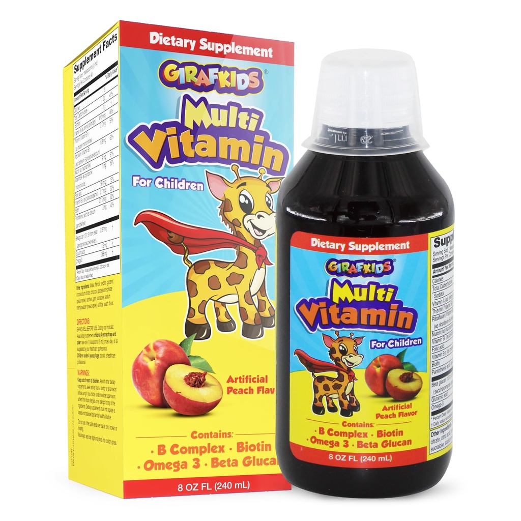 GirafKids Multivitamina líquido para niños Edades 4+, 8oz - Vitaminas diarias para niños con biotina, vitamina A, Complejo B, ácido fólico, Omega-3 " Beta Glucan - Suplemento dietético para el crecimiento y la energía de los niños