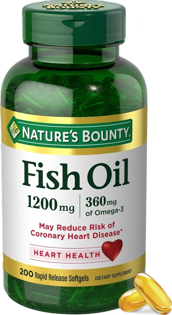 Suplementos de la naturaleza Bounty Fish Oil Omega 3 - Apoya la salud del corazón, 1200 Mg Fish Oil, Omega-3, 200 Softgels (Pack of 1)