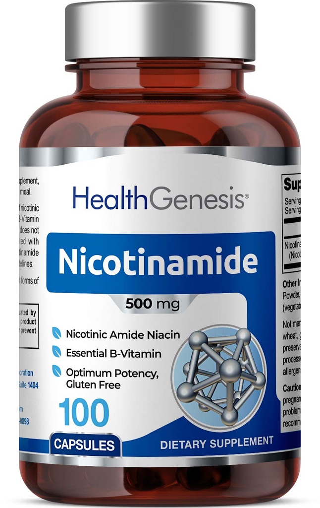 B-3 Nicotinamida 500 mg 100 cápsulas - Niacina Niacina libre de fluido natural Fórmula - Apoyo a la salud celular de la piel