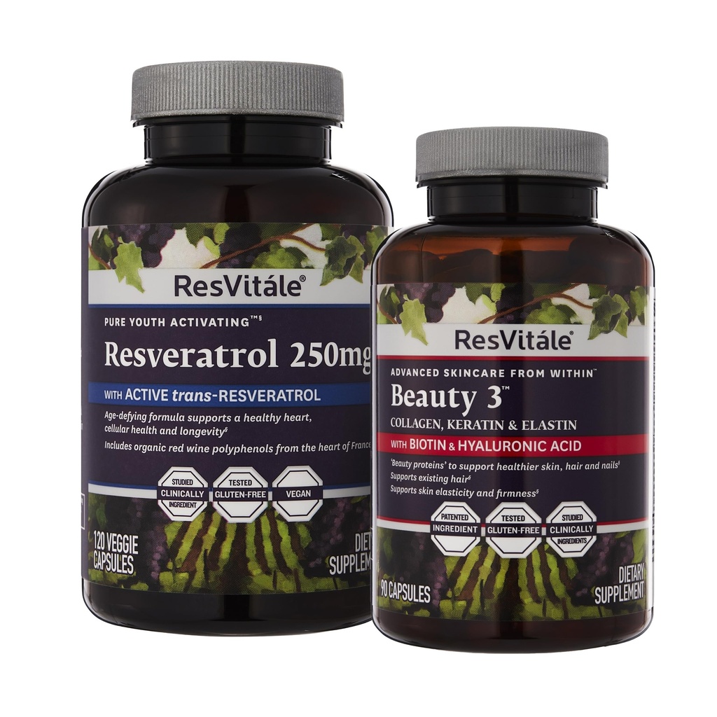 ResVitale Beauty 3 - Suplemento de cuidado de la piel con Collagen, Keratin & Elastin - 90 cápsulas " Resveratrol 250 mg - Resveratrol Suplemento para hombres y mujeres - 120 cápsulas vegetarianas