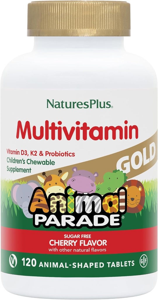 NaturesPlus Animal Parade Gold Children's Chewable Multivitamin - Natural Cherry Flavor - 120 Animal Shaped-Tablets, Pack de 2 - con Vitamin D3, K2 & Probiotics - 120 Total Servings