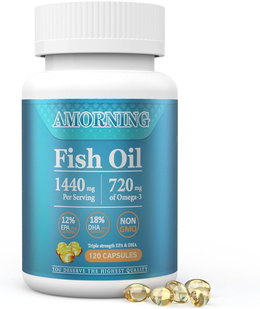 Fish-Oil Omega3-EPA DHA-Supplement Burpless-Softgels - 120Capsules 1440 mg por Servir Mini Tamaño Asistencia Corazón Saludable ácidos grasos Suplementos Ayuda a mantener niveles saludables de triglicéridos