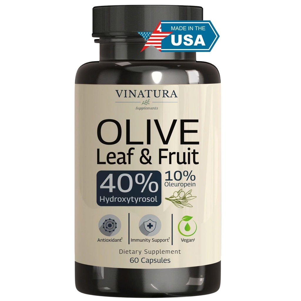VINATURA Hydroxytyrosol Suplemento, Oliva Leaf Extracto - 40% Hydroxytyrosol Olive Fruit Extract, 50% Oleuropein Olive Leaf Extract Capsules - 60 cápsulas