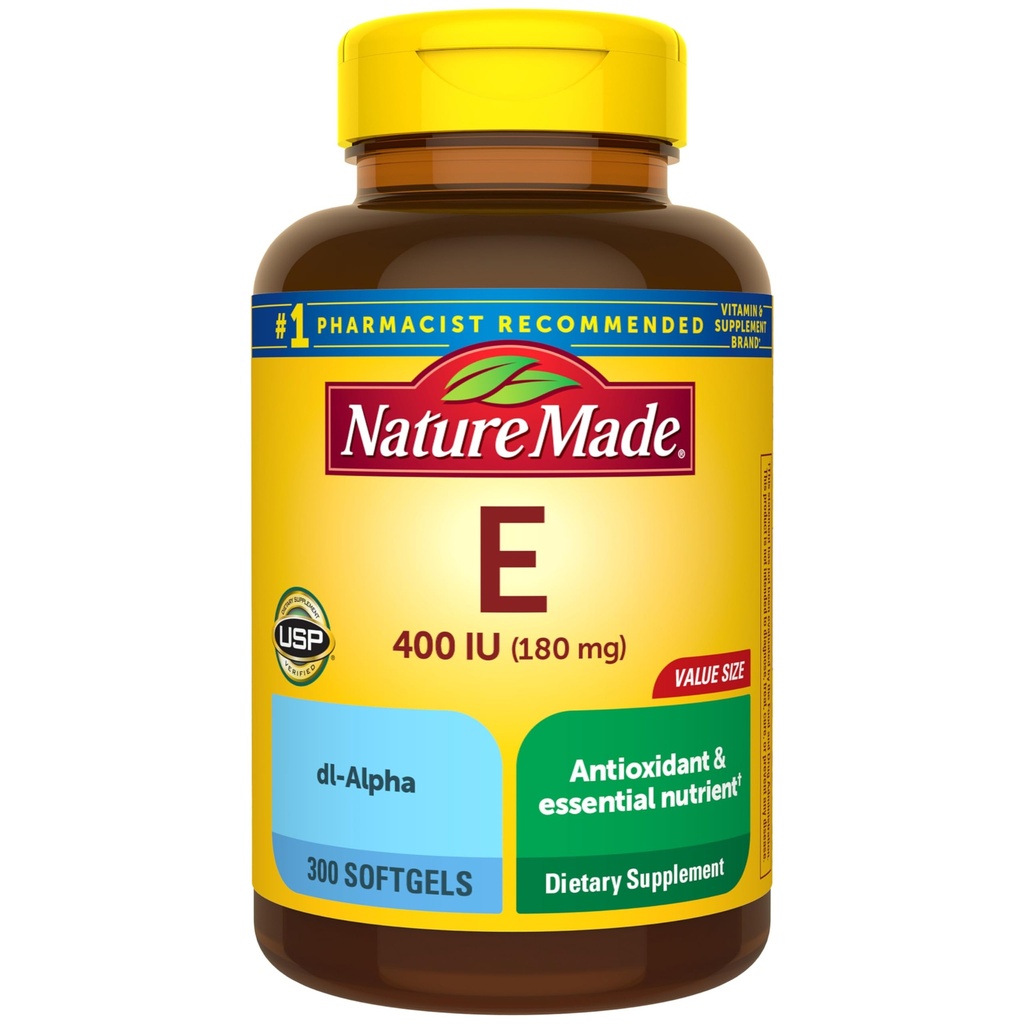 Nature Made Vitamina E 180 mg (400 UI) dl-Alpha, Suplemento dietético para soporte antioxidante, 300 Softgels, 300 Day Supply