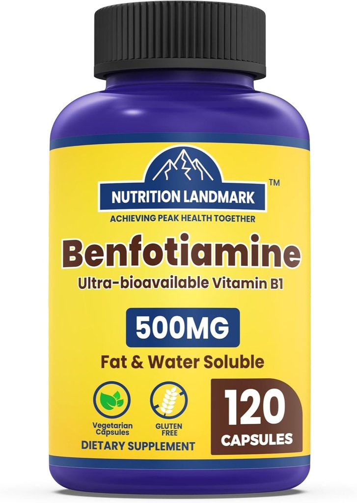 Benfotiamina, 500 mg, una forma grasa-soluble de tiamina, metabolismo saludable, vitamina ultra biodisponible B1, alta potencia, libre de gluten, no GMO, vegetariano, 120 cápsulas