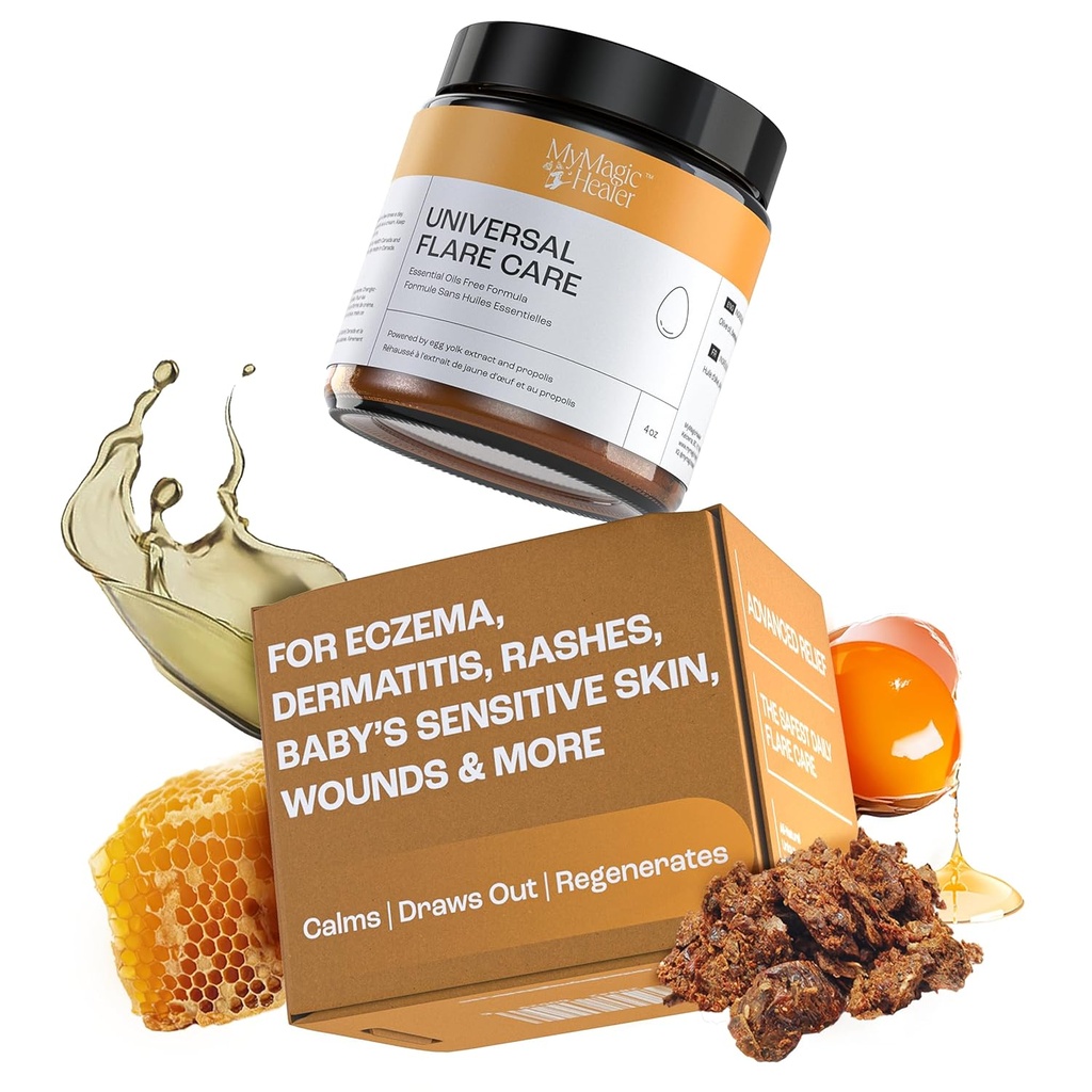 MyMagicHealer Universal Flare Care ← Aceite Esencial Libre Silencioso para Rashes, Eczema, Psoriasis, Hidradenitis Suppurativa, Impetigo, Dermatitis, Cuidado de heridas, Esquí sensible w/Propolis &amp; Egg Yolk 4 oz