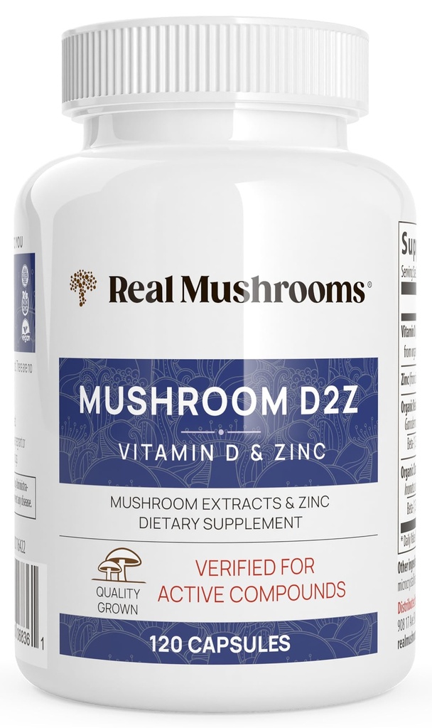 Mushrooms reales Cápsulas de zinc y vitamina D2 – con extractos orgánicos Chaga y Reishi Mushroom – Vitaminas para el bienestar general – Vegan, No GMO, Libre de gluten – 120 Conde Suplemento de setas