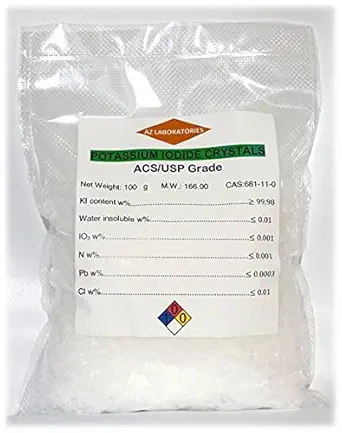 Iodida de potasio, UP Grado 100 gramos. Powder de cristales finos