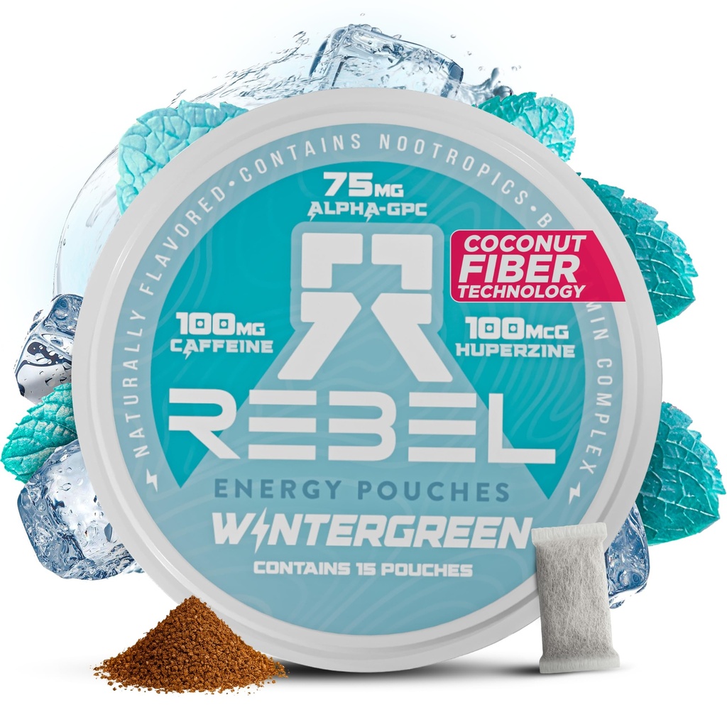 Pouches de cafeína de energía nootrópica • 100 mg de cafeína • Alfa GPC • Huperzina A " Vitaminas esenciales • Sin azúcar • Tecnología de fibra de coco • Sabor de invierno • 15 bolsas por can (Pack of 1)