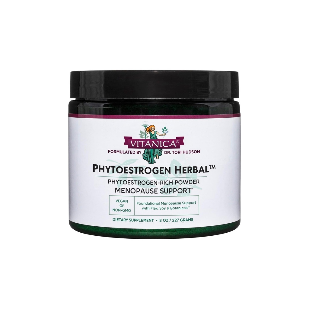 Vitanica Phytoestrogen Herbal Non-GMO PMS, Menopause Relief Supplement for Women, Hormone Balance, Night Sweats & Hot Flash Relief, Soy Isoflavones, Vegan, Polvo 8 Oz (Phytoestrogen Herbal)