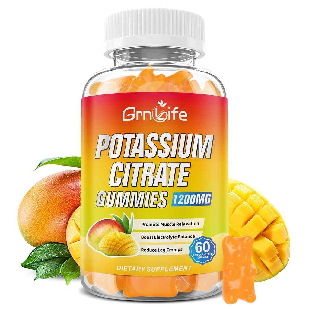 Potasio Citrate Gummies, Suplemento de Potasio Alto Gummies 1200 mg para Adultos &amp; Niños, Apoyo Leg Cramps &amp; Muscle Health, Vegan, Mango Flavor 60 Con