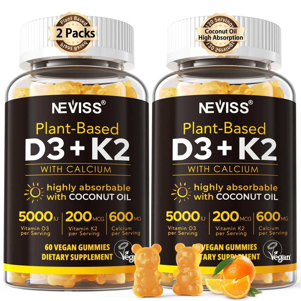 Vitamina D3 5000iu & K2( como MK7 ) 200mcg Gummies + 600mg Calcio, con aceite de coco para alta absorción, Maximum Strength Vitamin D3 K2 Suplemento - Soporte para huesos Muscle dientes Immune, Vegan 2Packs