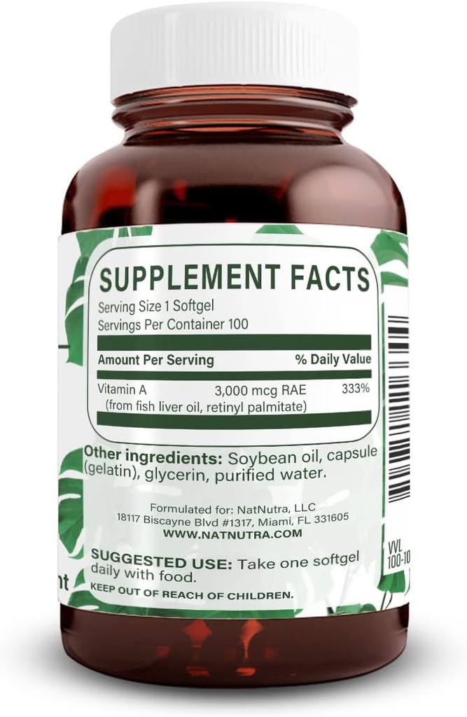Vitamina Nutra Natural A 10,000 IU Softgels – High Potency Eye and Skin Vitamins – Gluten-Free - Suplemento para la salud de la piel – Fish Liver Oil for Men and Women, Gluten Free 100 Softgels (3 Pack)