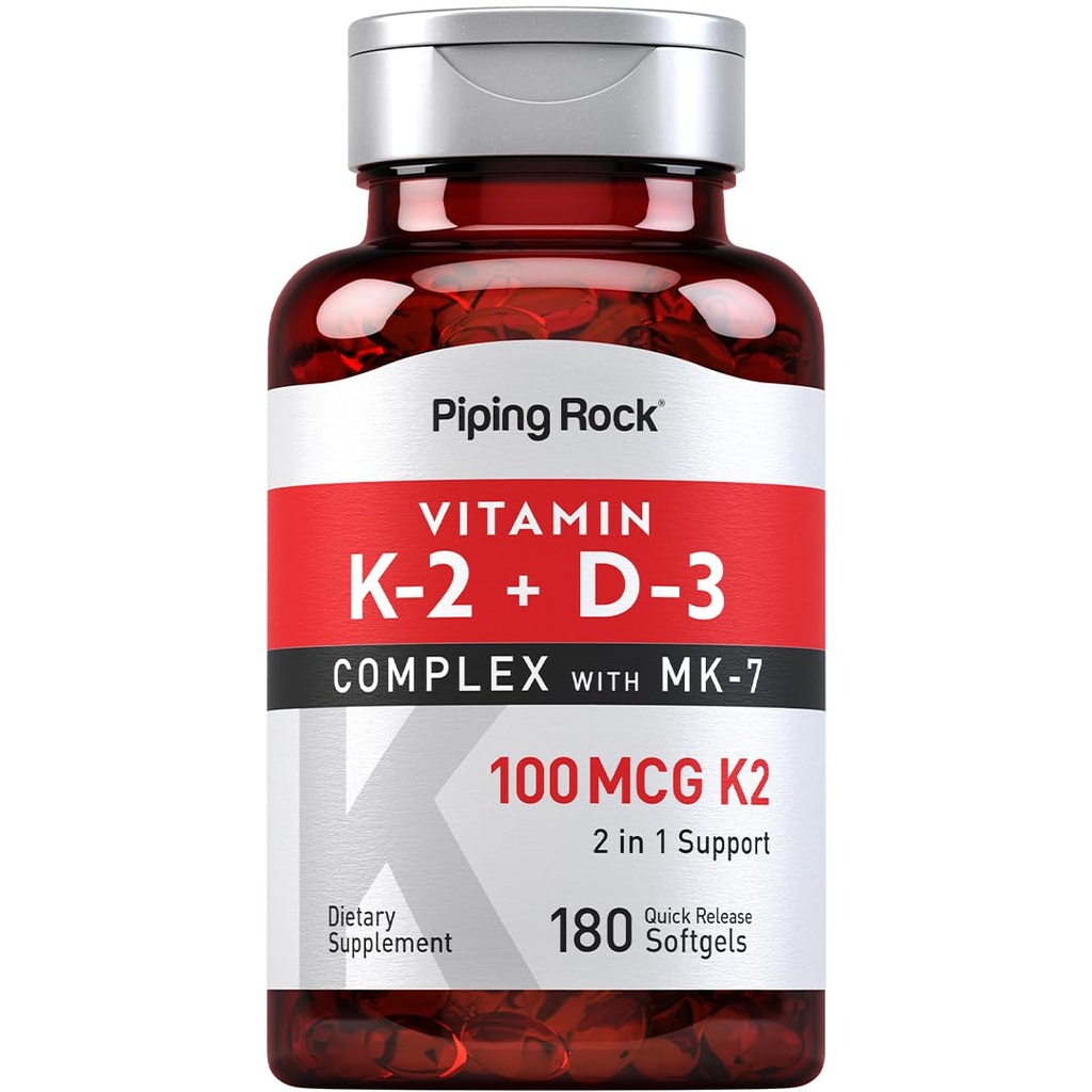 Piping Rock Vitamina K2 D3 Suplemento TEN 100 mcg TEN 180 Softgels TEN complejo con MK7 ANTE No GMO, Gluten Free