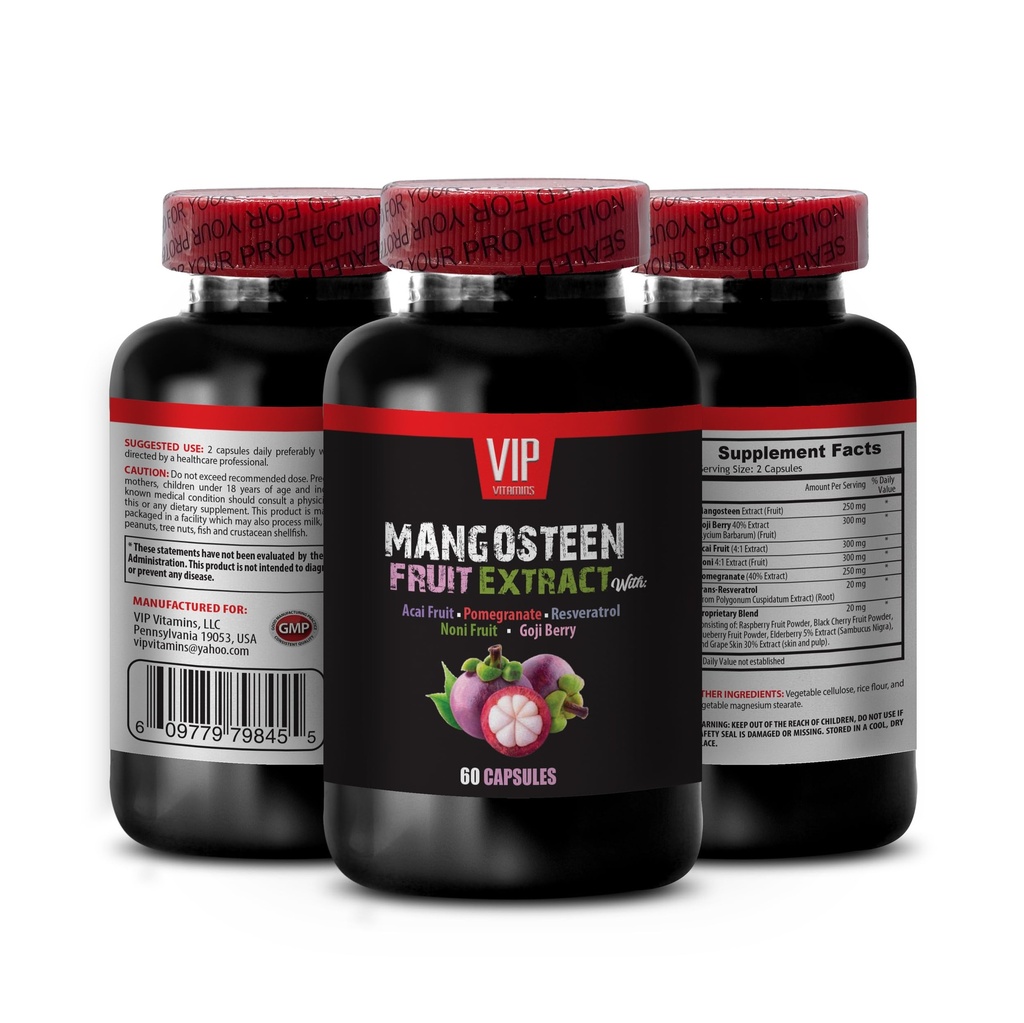 VIP VITAMINS Mangosteen, Mangosteen Extract - Mangosteen Fruit Extract - Acai Berry, Goji Berry, Pomegranate, Noni, Trans-Resveratrol, Elderberry Fruit, Grape Skin - 1 Botella 60 cápsulas